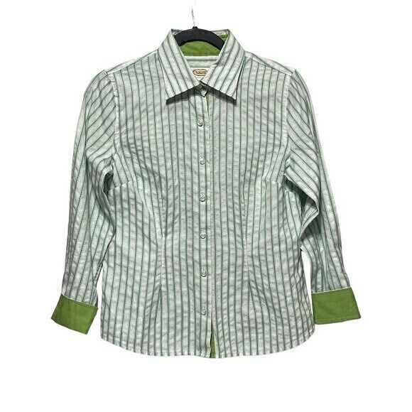 TALBOTS White/Blue/Green‎ Women's Striped Button Down Shirt Size 4 - Picture 1 of 9